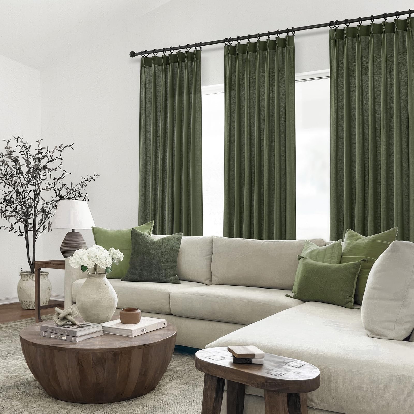 Olive Green Linen Curtains 84 Inches Long for Living Room,Pinch Pleated Drape…