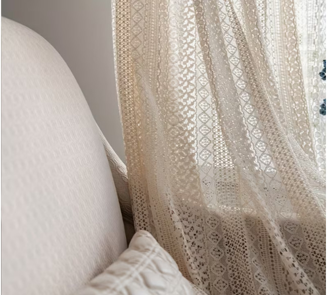 59″Wx63″L WHITE BOHEMIAN CROCHET LACE CURTAIN PAIR W/ TASSELS FARMHOUSE COTTAGE