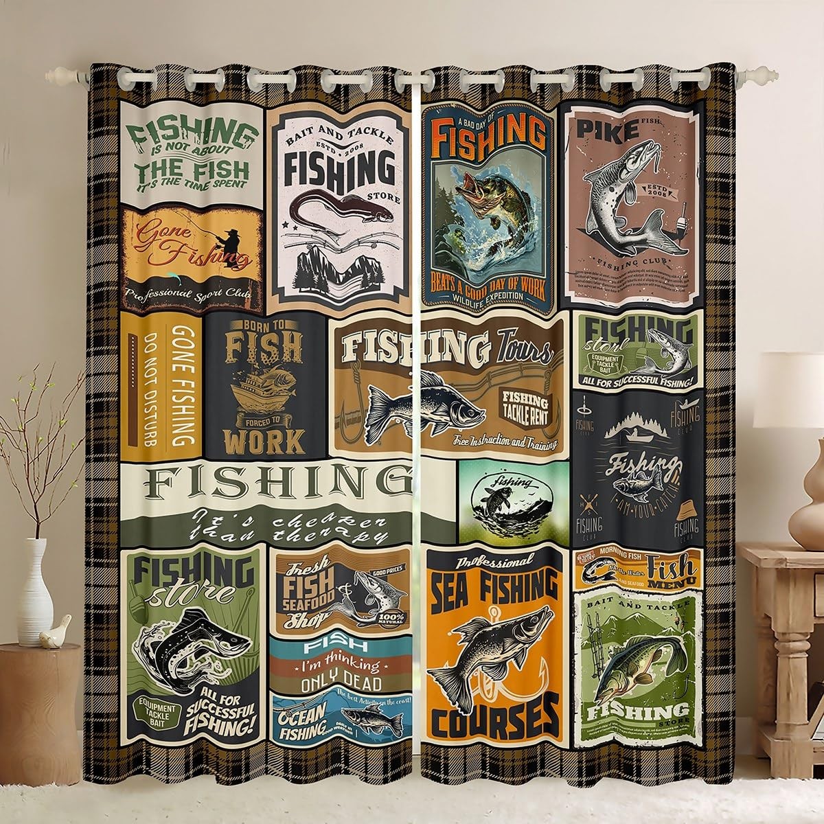 Jejeloiu Fish Curtains Vintage Fish Stamp Pattern Curtains For Bedroom Living