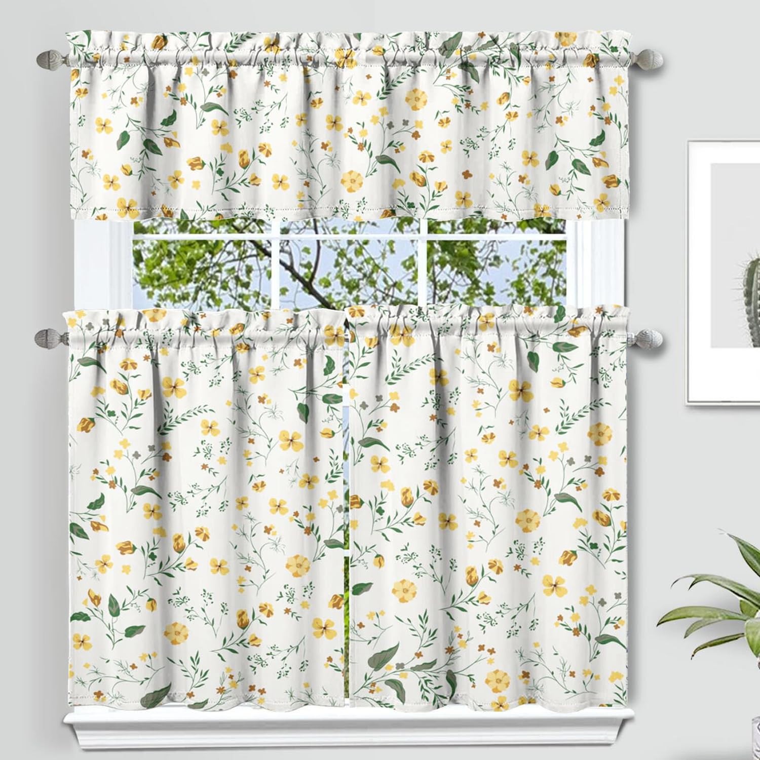 Floral Kitchen Curtain Valance Set of 3, Yellow Floral Kitchen Decor for Home…