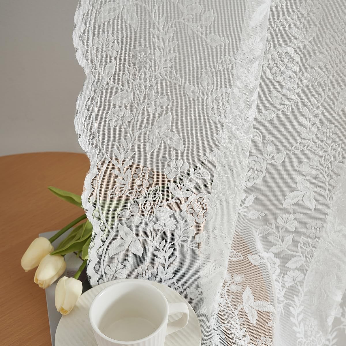 Ivory Lace Curtains 45 Inch Length Country Lace Sheer Curtains Short For Windows