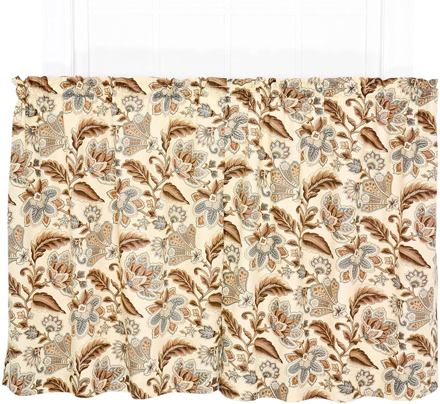Ellis Valerie Tier Curtain Set Cotton Kitchen Floral Brown Blue Gray Beige 68×24