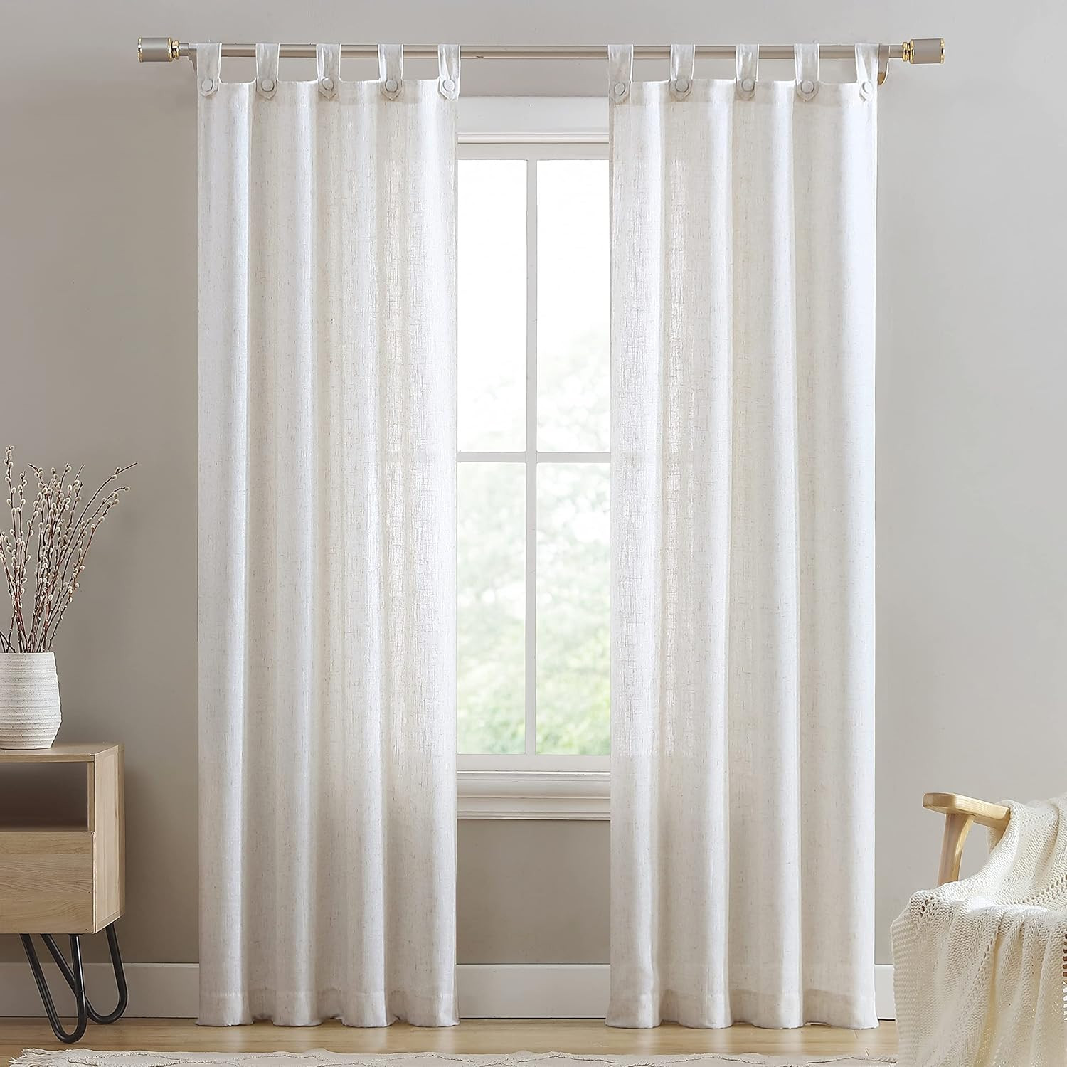 Monroe Light Filtering Curtains with Button Tab Top, Poly Linen Blend Fabric, Ea