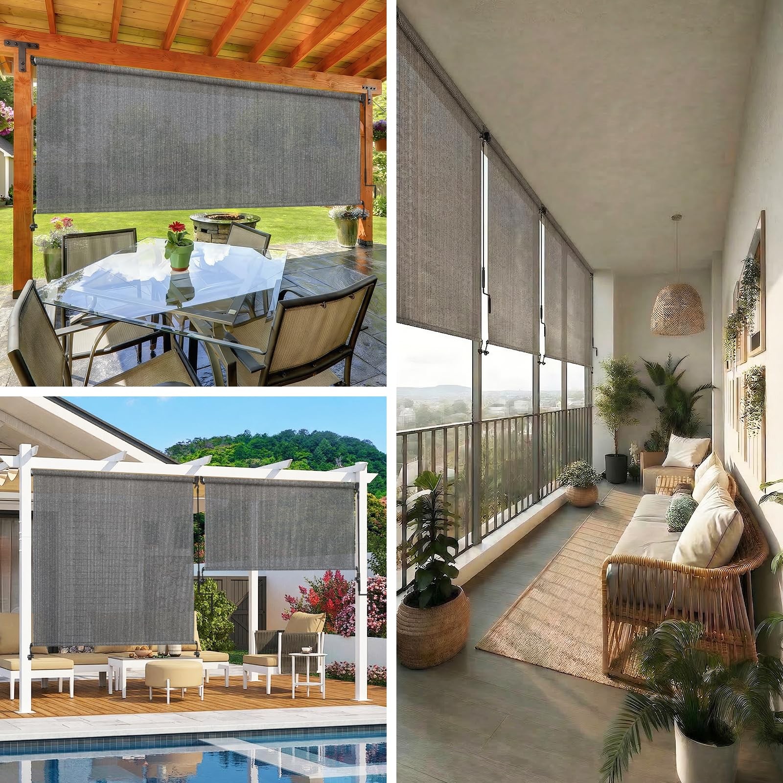 Outdoor Roller Shade 8′ W x 6′ H Cordless – Two Pole Splicing Design Exterior…
