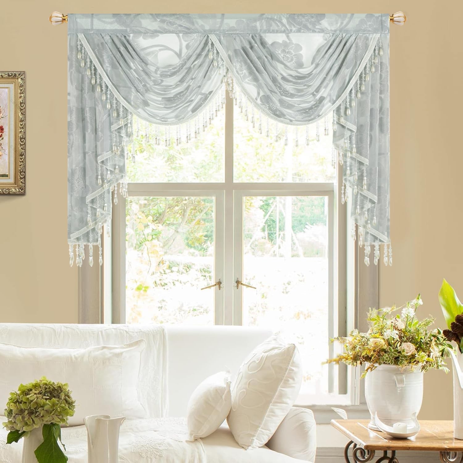 Sheer Gray Floral Swag Valance Country Style Waterfall Curtain W/ Peony Pattern