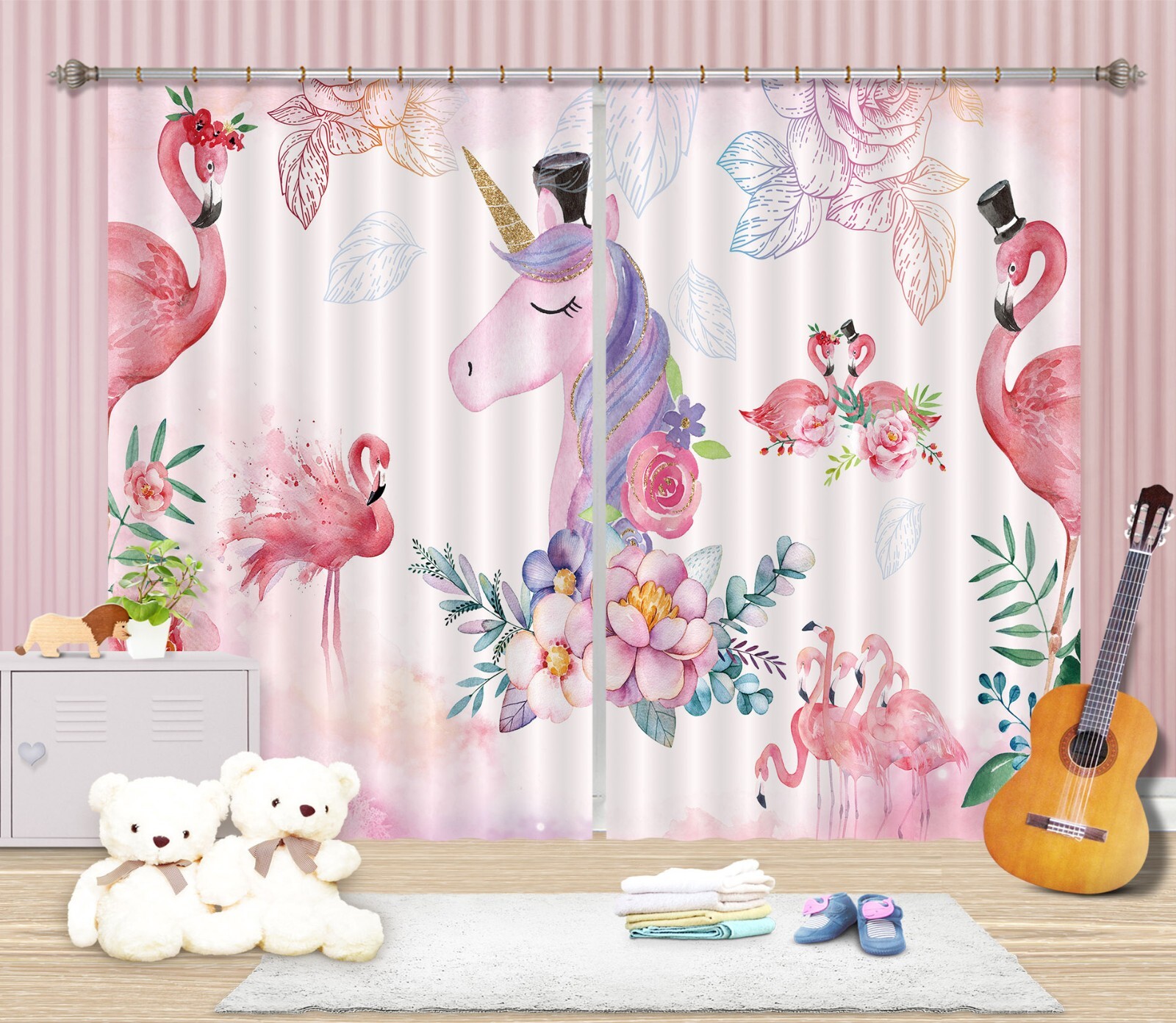 3D Pink Unicorn Flamingo ZHUA1433 Photo Curtain Window Blockout Fabric Amy 2023