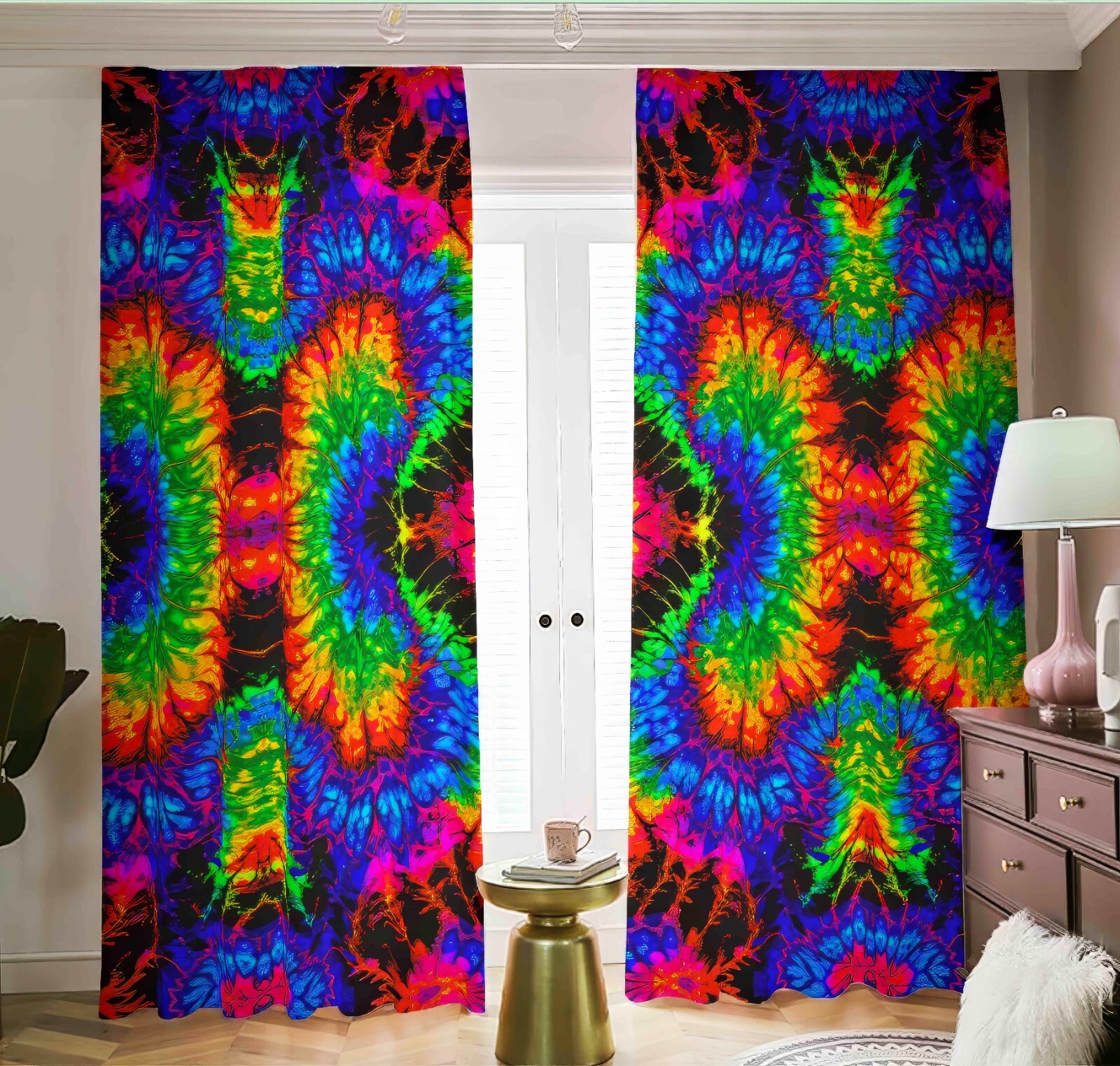 Psychedelic Tie Dye Blackout Curtains Tied Dyed Black Out Neon Tied Dyed Fractal