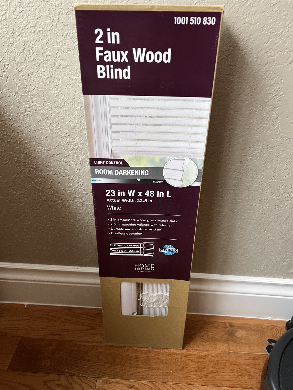 White Cordless Room Darkening Faux Wood Blind – 23″ W x 48″ L