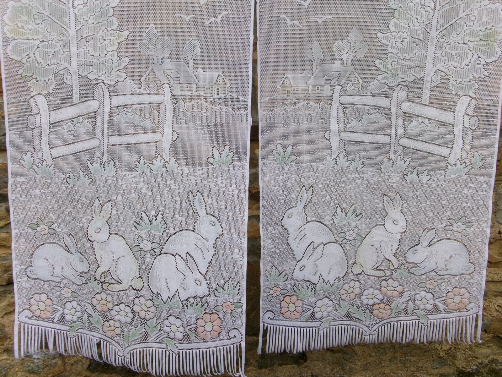 French pair white pastel curtains lace rabbit floral motif 24» x 48» of each