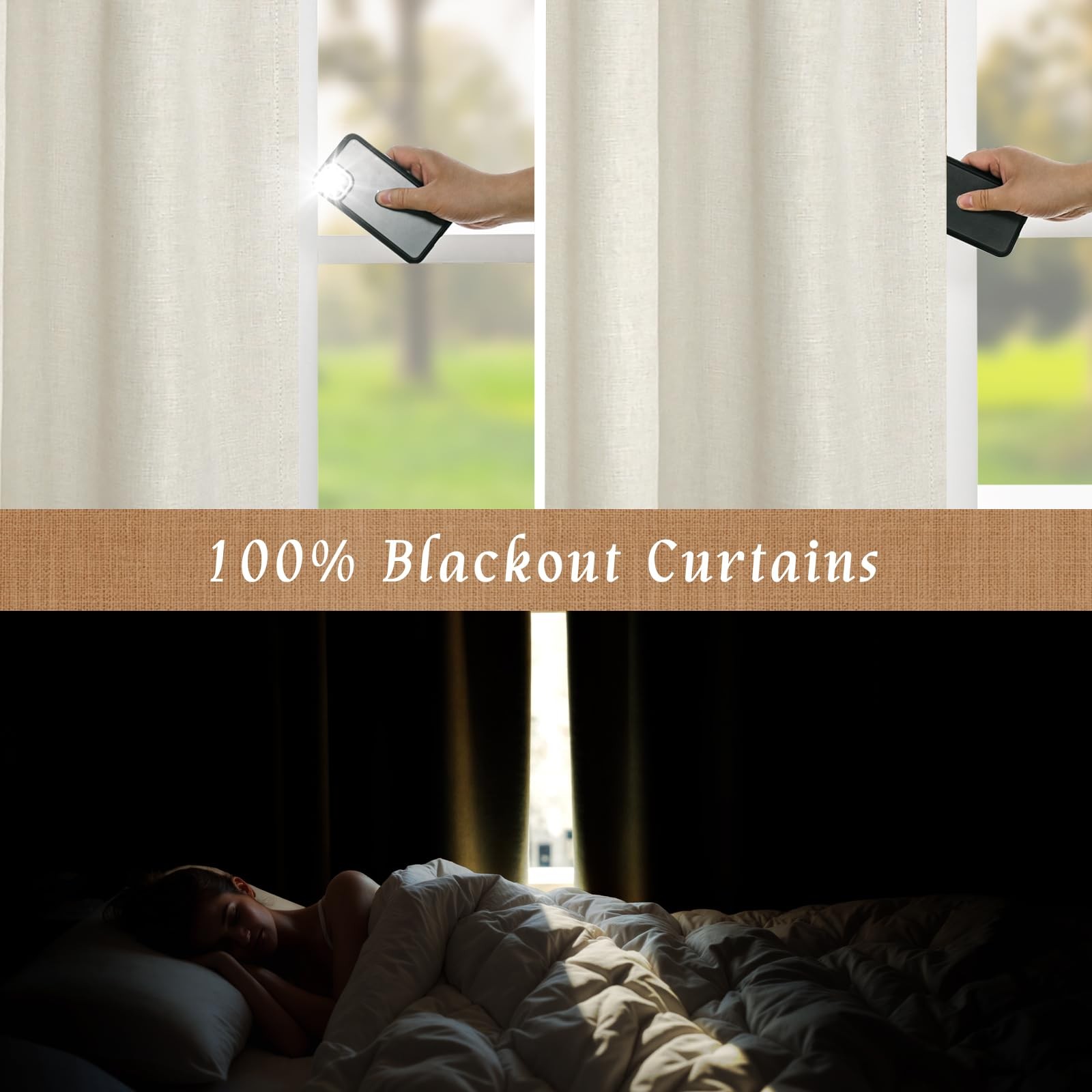 LAMIT 100 Blackout Natural Linen Curtains, 68 Inches Linen Textured Thermal