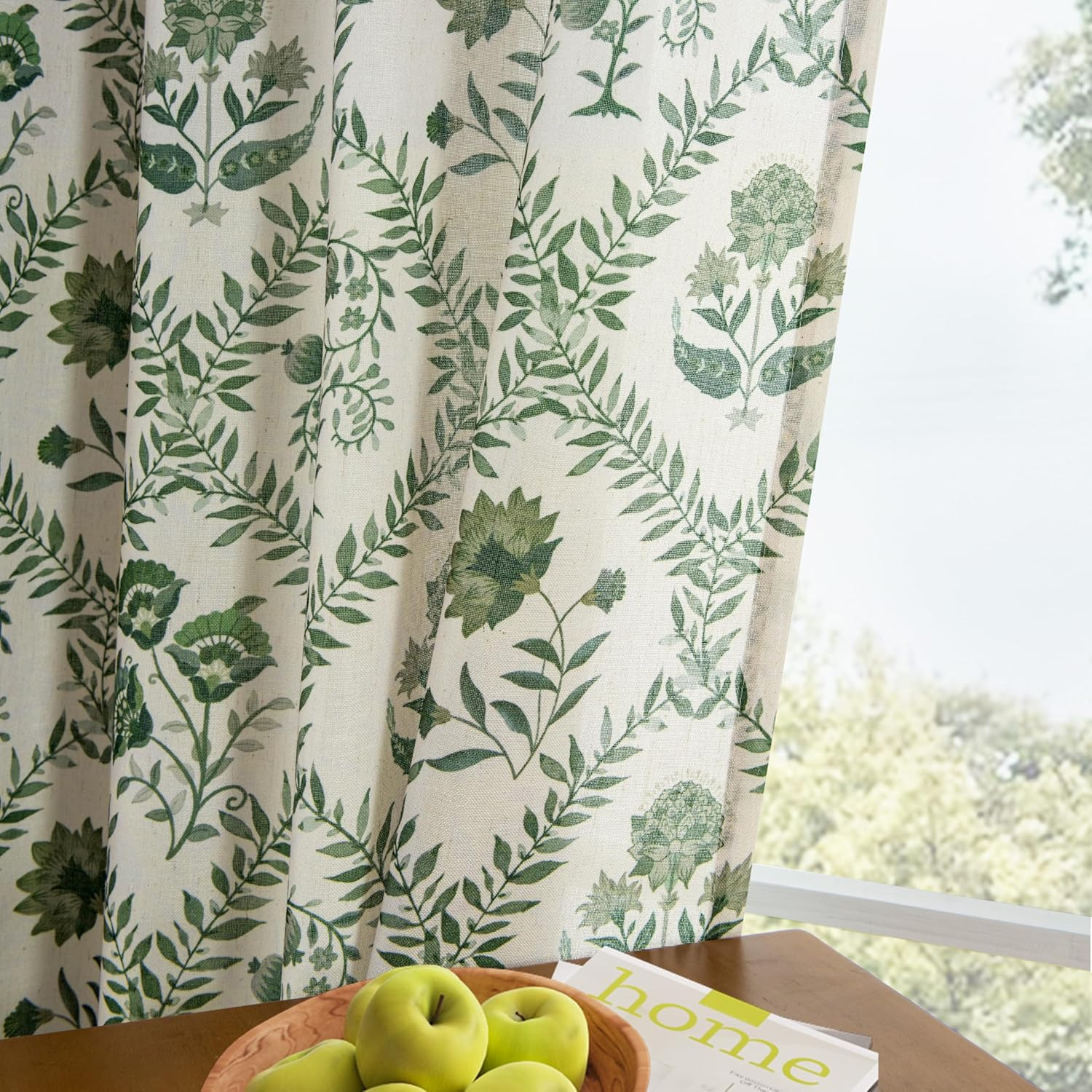 Green Floral Linen Spring Curtains for Living Dining Room 96 Inch Length 2 Panel