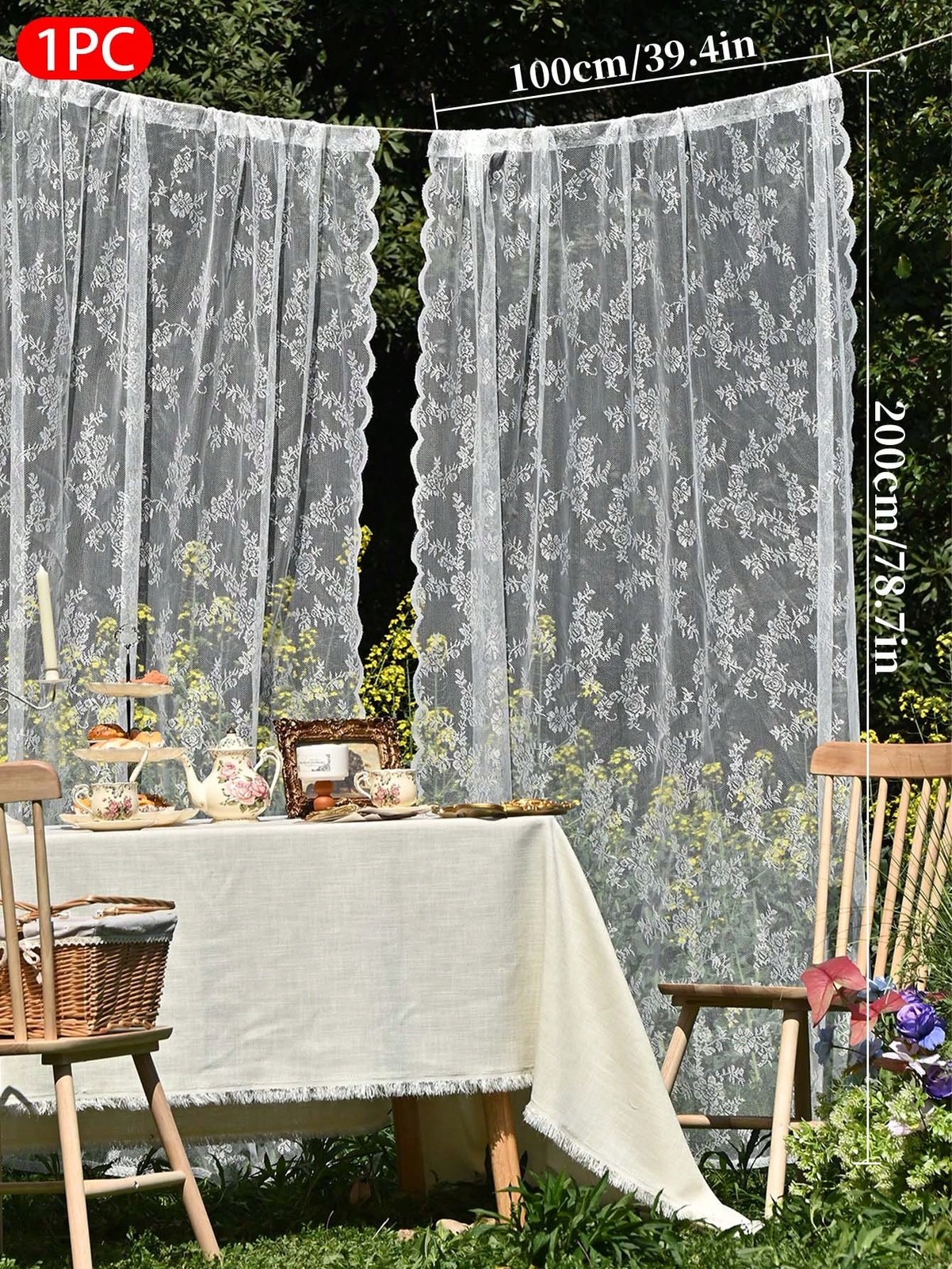 1PC White Floral Lace Sheer Curtain 39″W X 79″L (100x200cm) Scallop Edge
