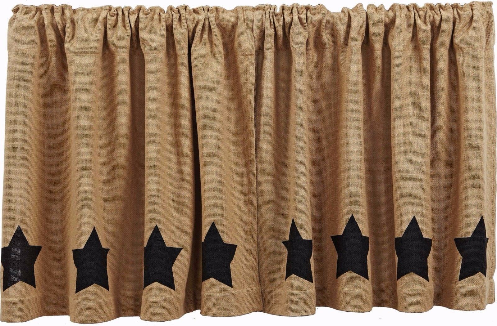 24″ L Burlap Natural Window Tier Set with Black Stencil Stars Cafe Curtains