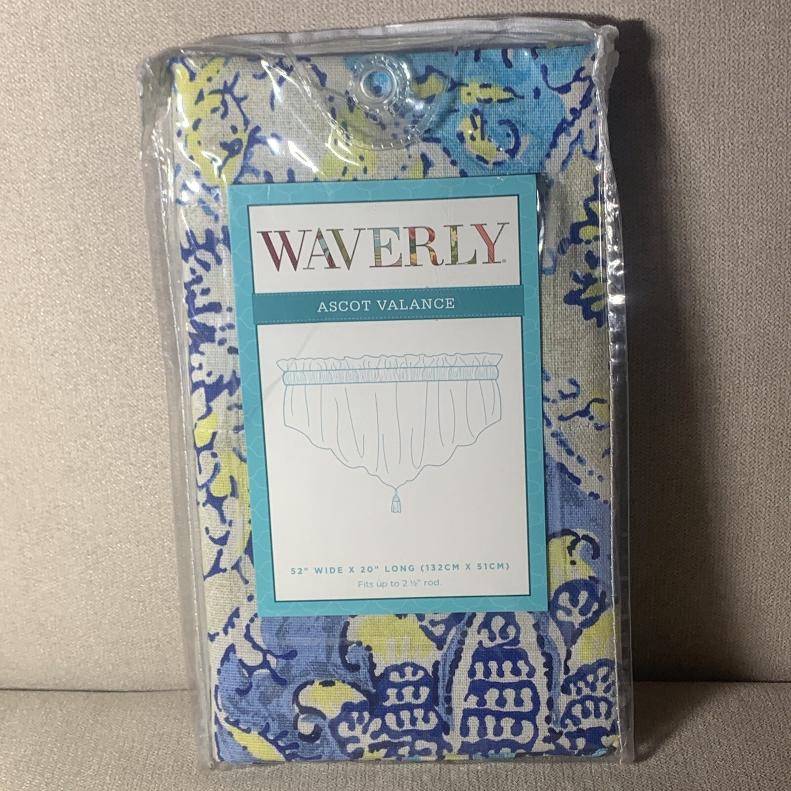 NWT Waverly Ascot King Turban- Blue Rod Pocket Valance 52″ x 20” Yellow White