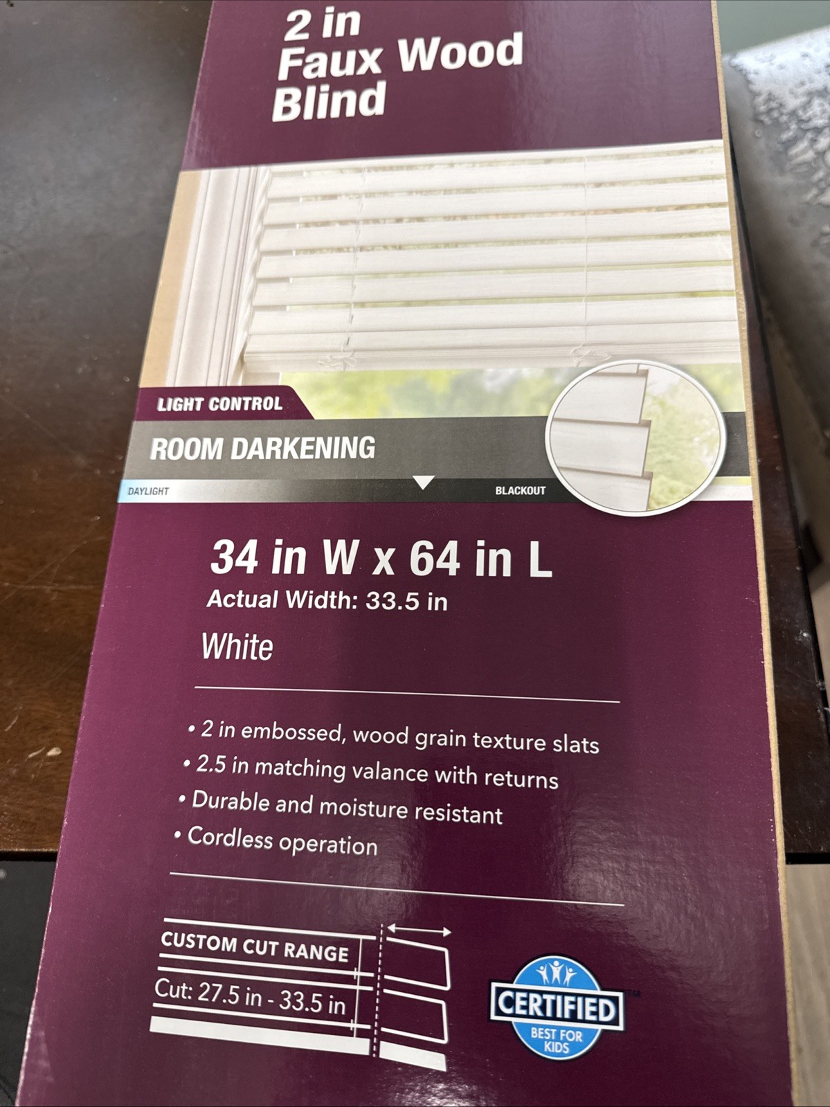 Faux Wood Blind , New, 34in X 64 Length, Home Decorators