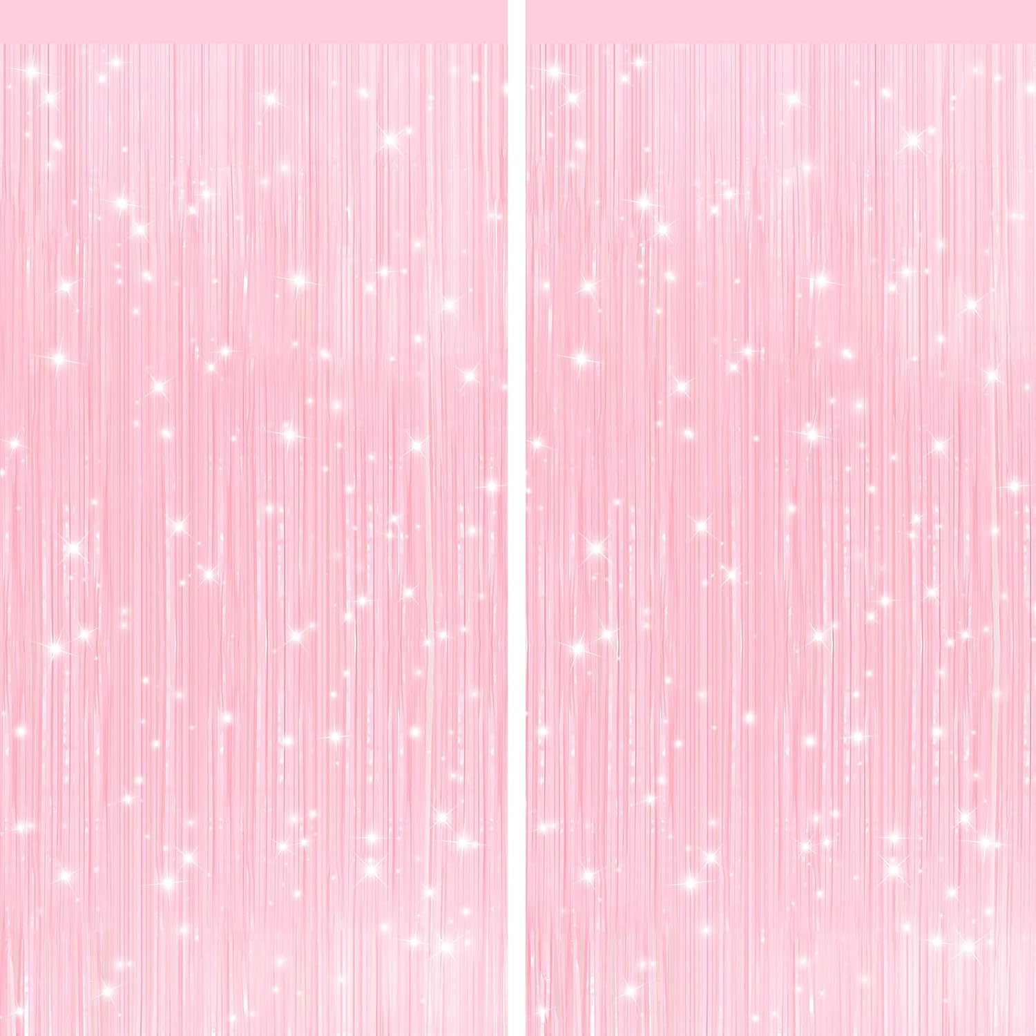2Pack Pastel Pink Metallic Tinsel Foil Fringe Curtains, Pink Backdrop, Door Stre