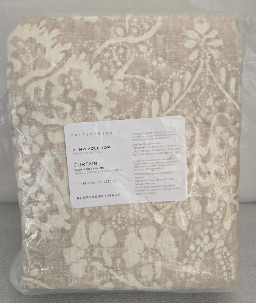 Pottery Barn 2-in-1 Pole Top Bernyce 1-Curtain Blackout Lining 50″ x 84″ Flax