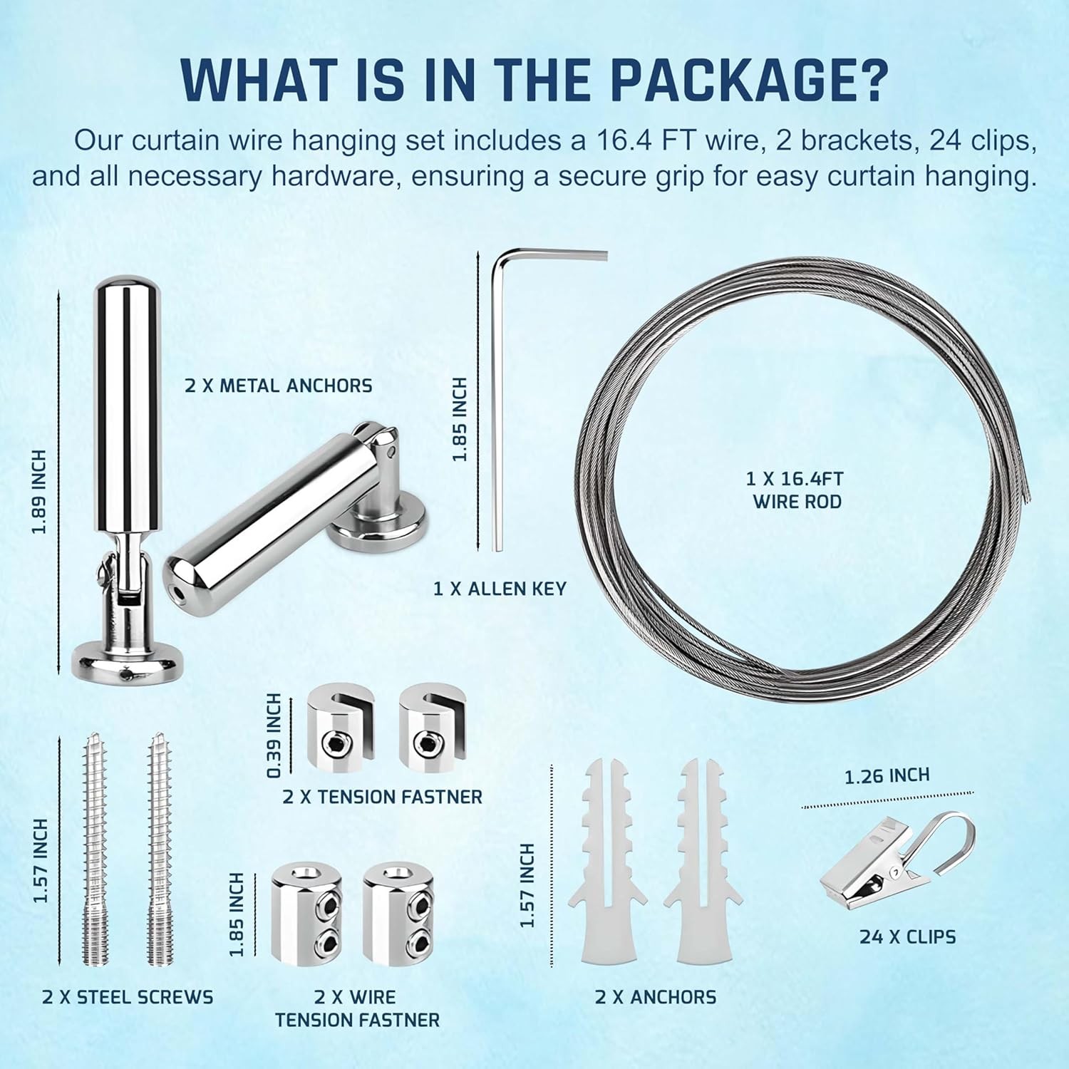 Stainless Steel 16.4 FT (5m) Curtain Wire Rod Set with 24 Clips – Hanging Sys…