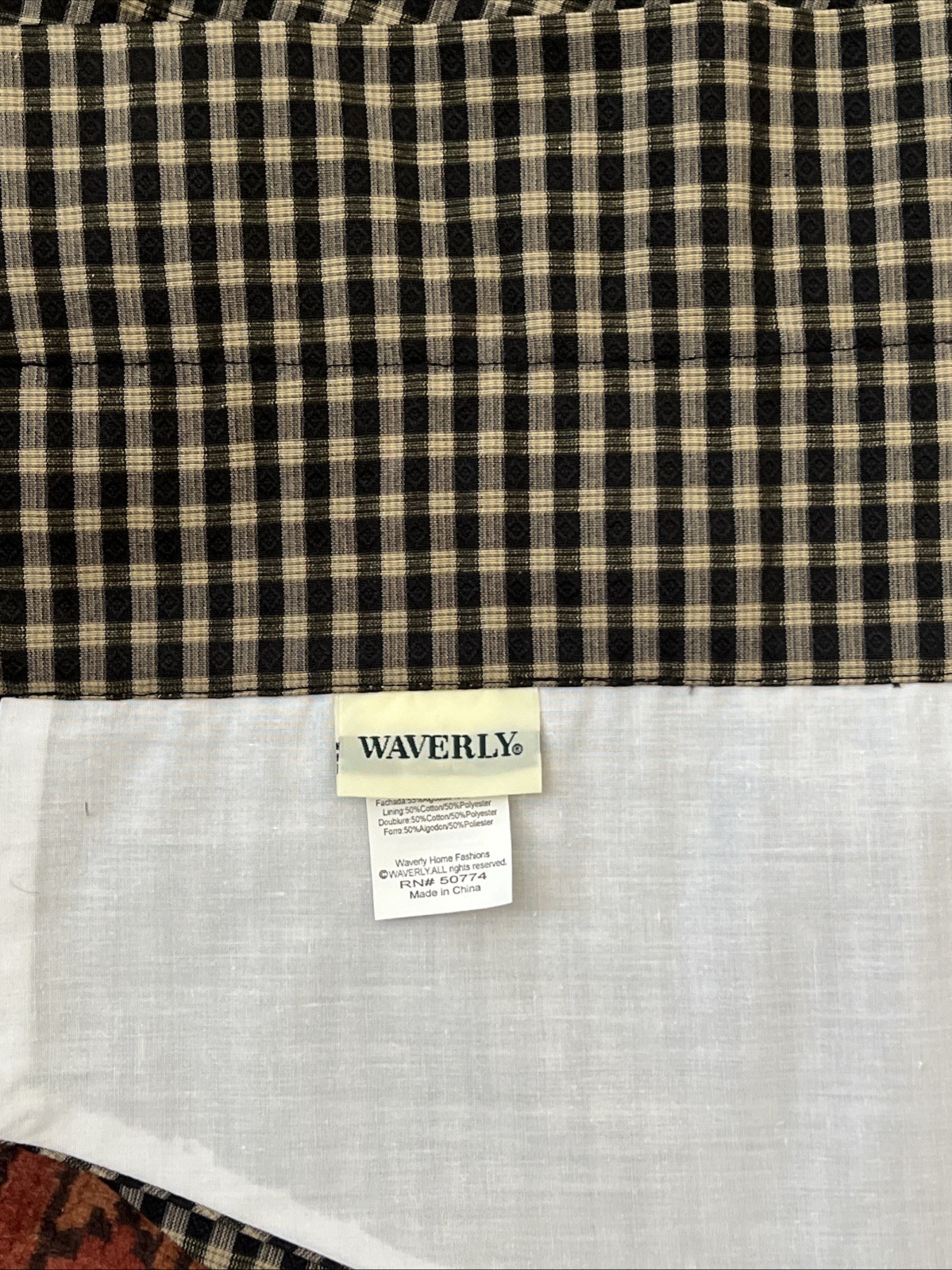 WAVERLY ~ Three Marquette Ascot Valances 50” X 20″ Black Tan Check w/Tassel