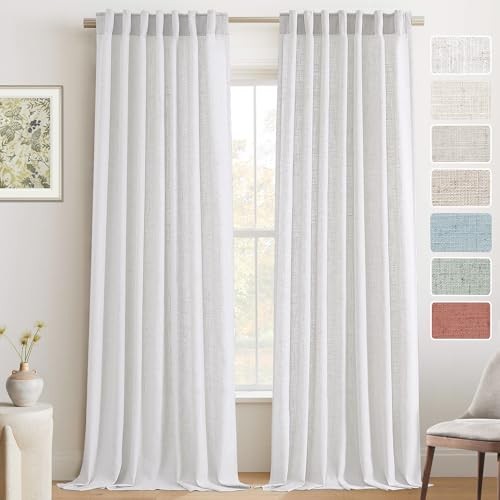 Linen Curtains 108 Inches Long for Living Room 52″W x 108″L (Pack of 2) White