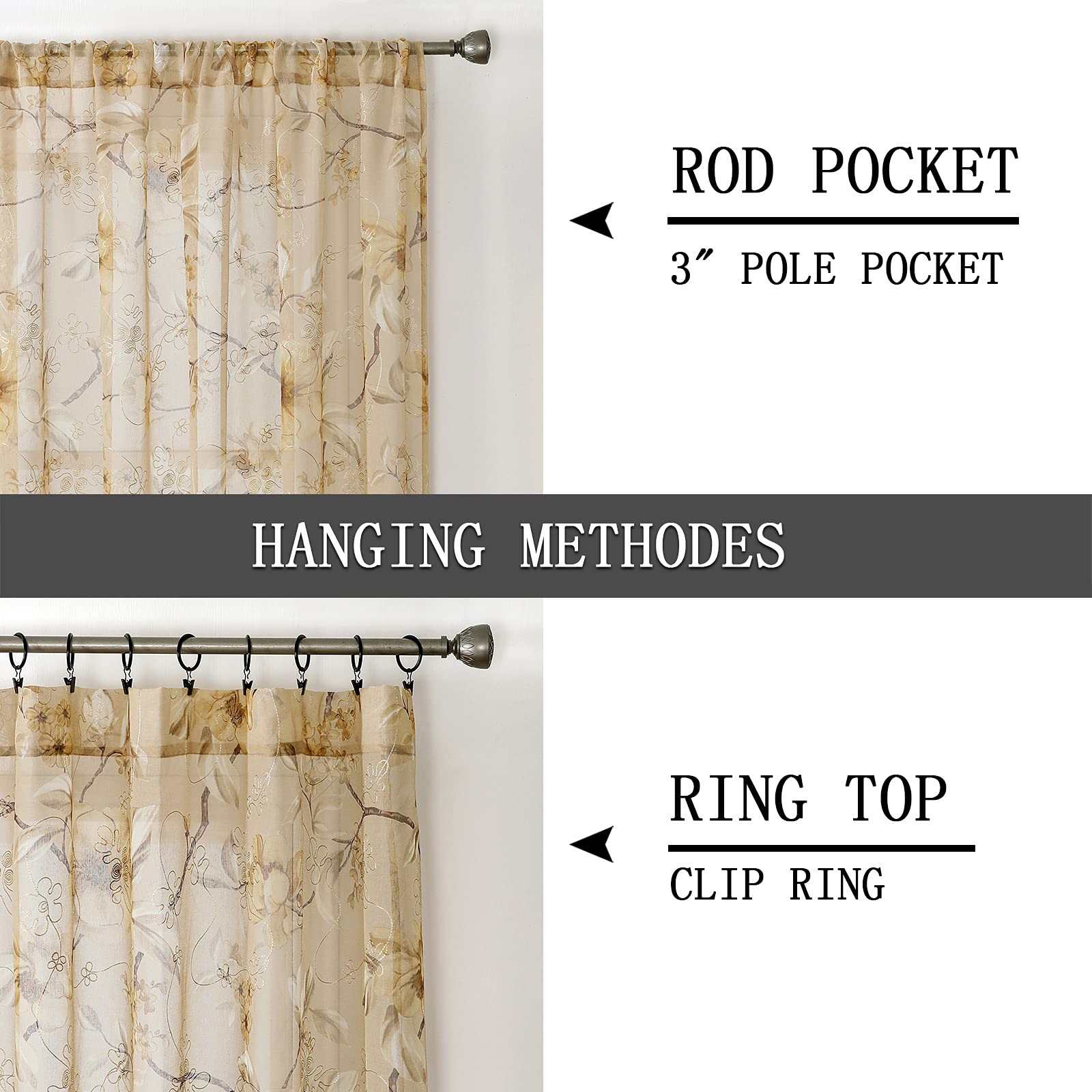 Short Sheer Tier Curtain Beige Flower Leaf Printed Floral Embroidered Half Wi…