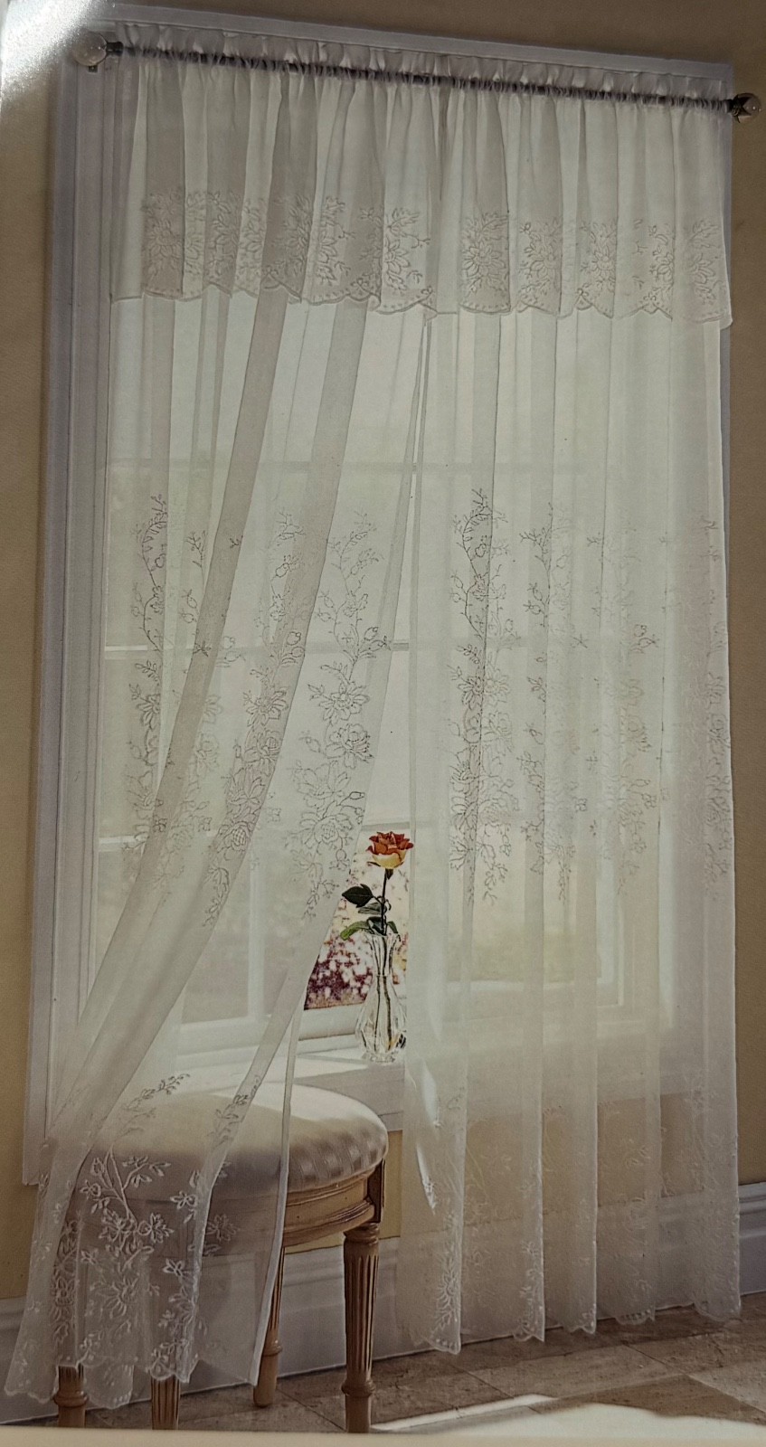 Isabell 84″ Window White Embroidered Floral Sheer Curtain w/Attached Valance
