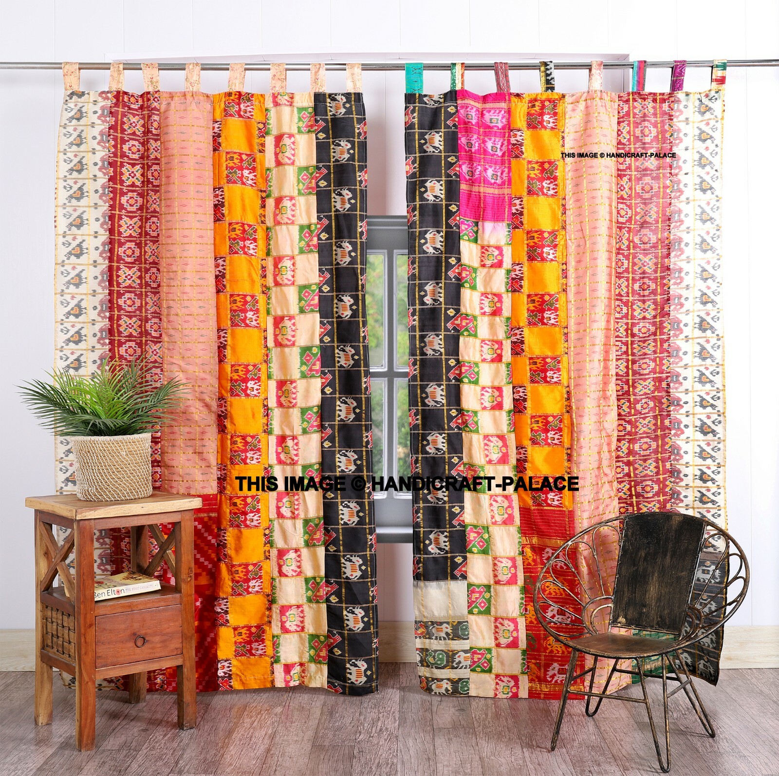 Indian Old Sari Patchwork Curtain Drape Window Decor Silk Sari Curtain Multi 2PC