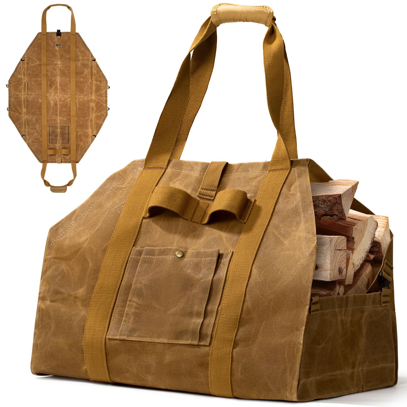 Firewood Carrier, 2-in-1 Firewood Log Carrier Bag, Waxed Canvas Firewood Tote…