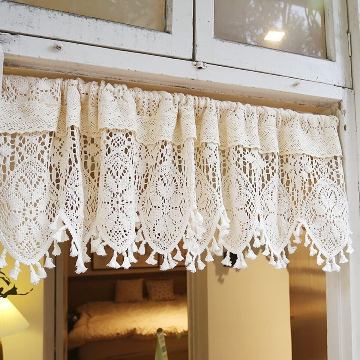 Rustic Crochet Lace Kitchen Window Curtain Valance Cafe Tiers Farmhouse Decor