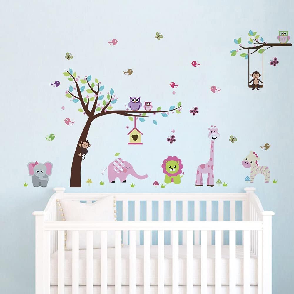 Runtoo Pink Wall Decals for Nursery Jungle Animals Tree