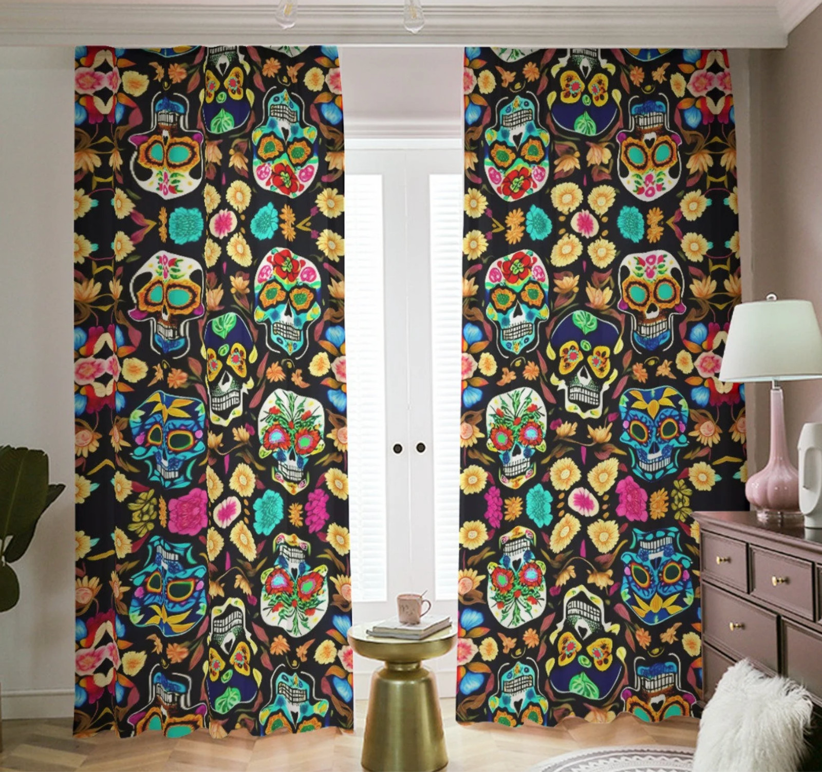 Sugar Skulls Blackout Curtains, Room Darkening Cooling Dia De los Muertos