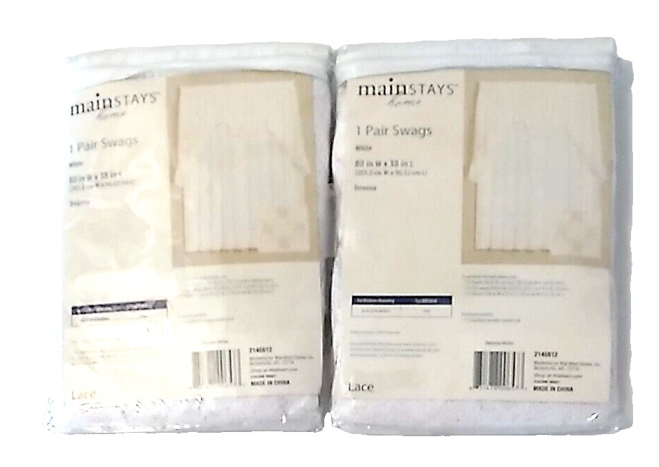 Lot 2 Mainstays Home White Lace Deanna Pair Swags 80” W X 38” L Vintage Curtains