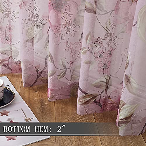 Sheer Curtain Pink Flower Leaf Printed Floral Embroidered Bedroom Curtains