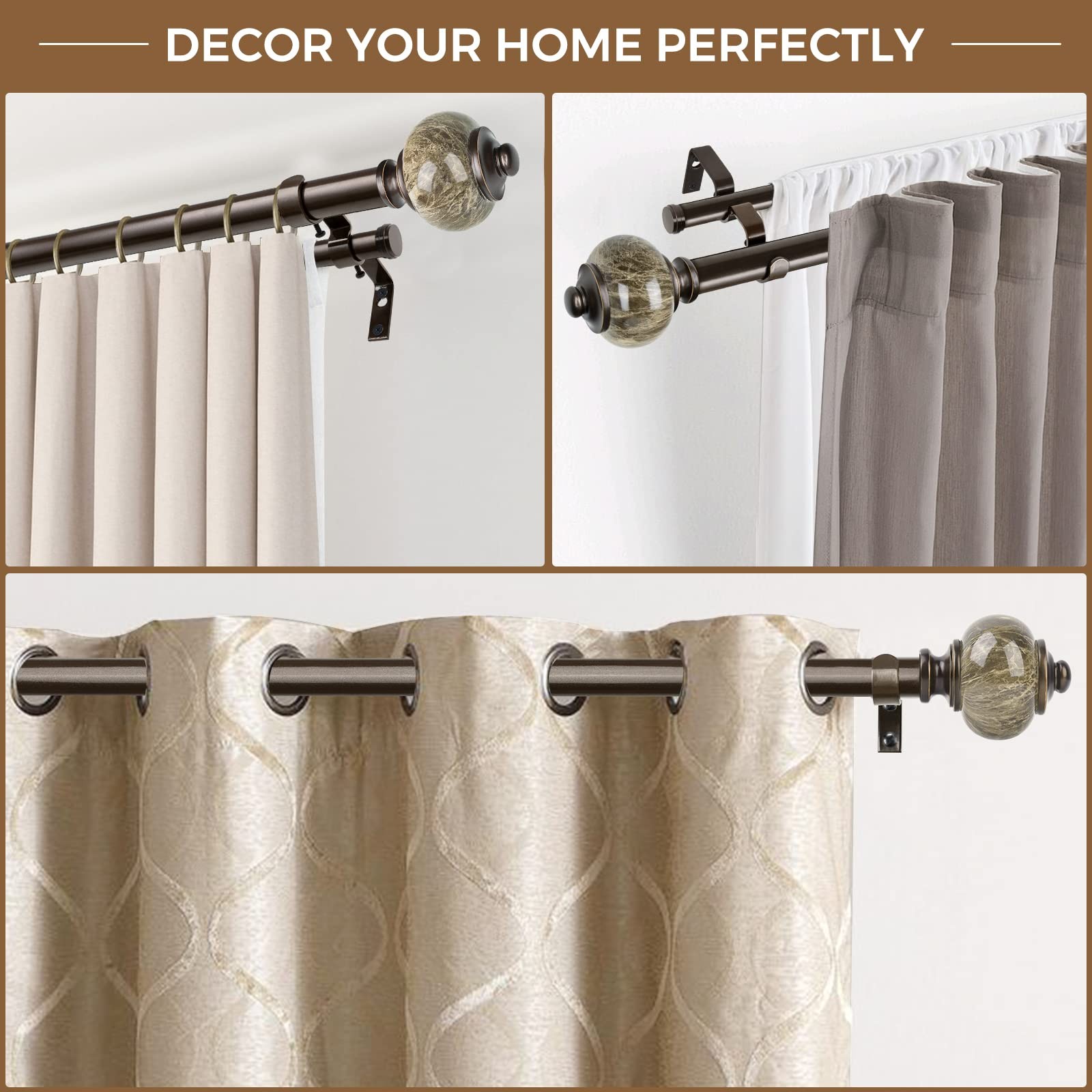 KAMANINA Bronze Double Curtain Rod 72 to 144 Inches 72-144″, Antique