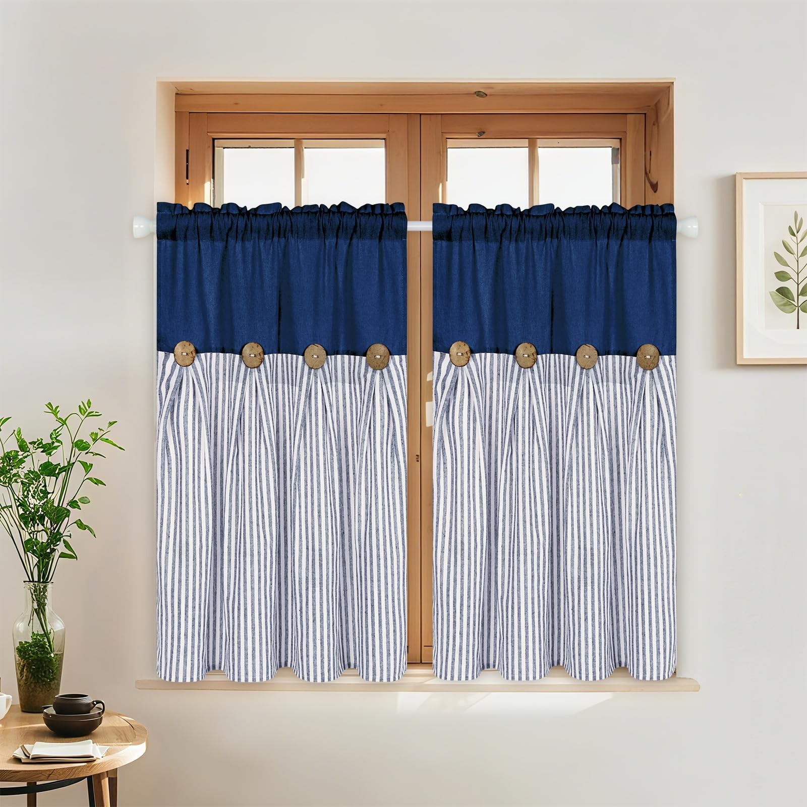 ASPMIZ Cotton Linen Farmhouse Kitchen Curtains, Blue Striped Tier Curtain 36 …