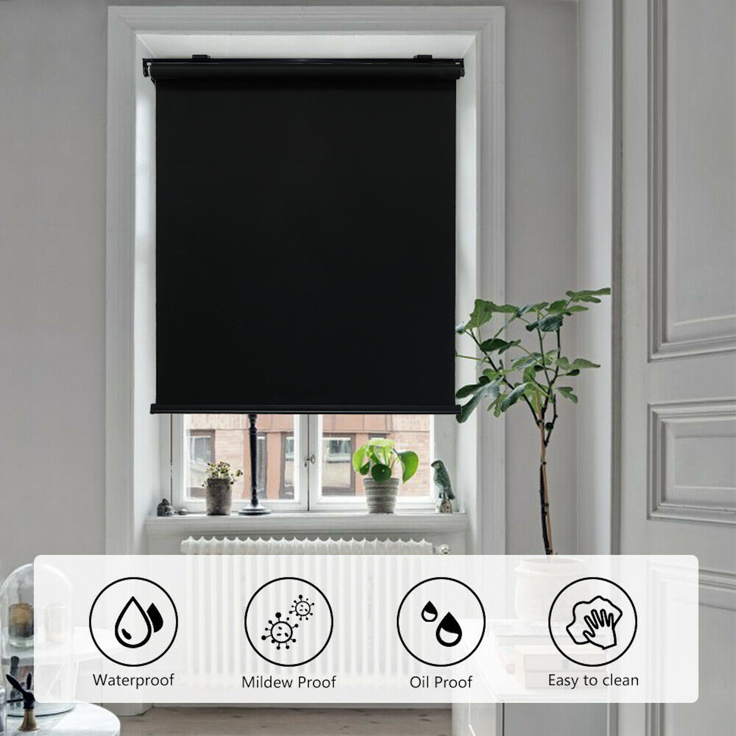 Black 44″x72″ Cordless Blackout Roller Shades Window Blinds Waterproof Insulated
