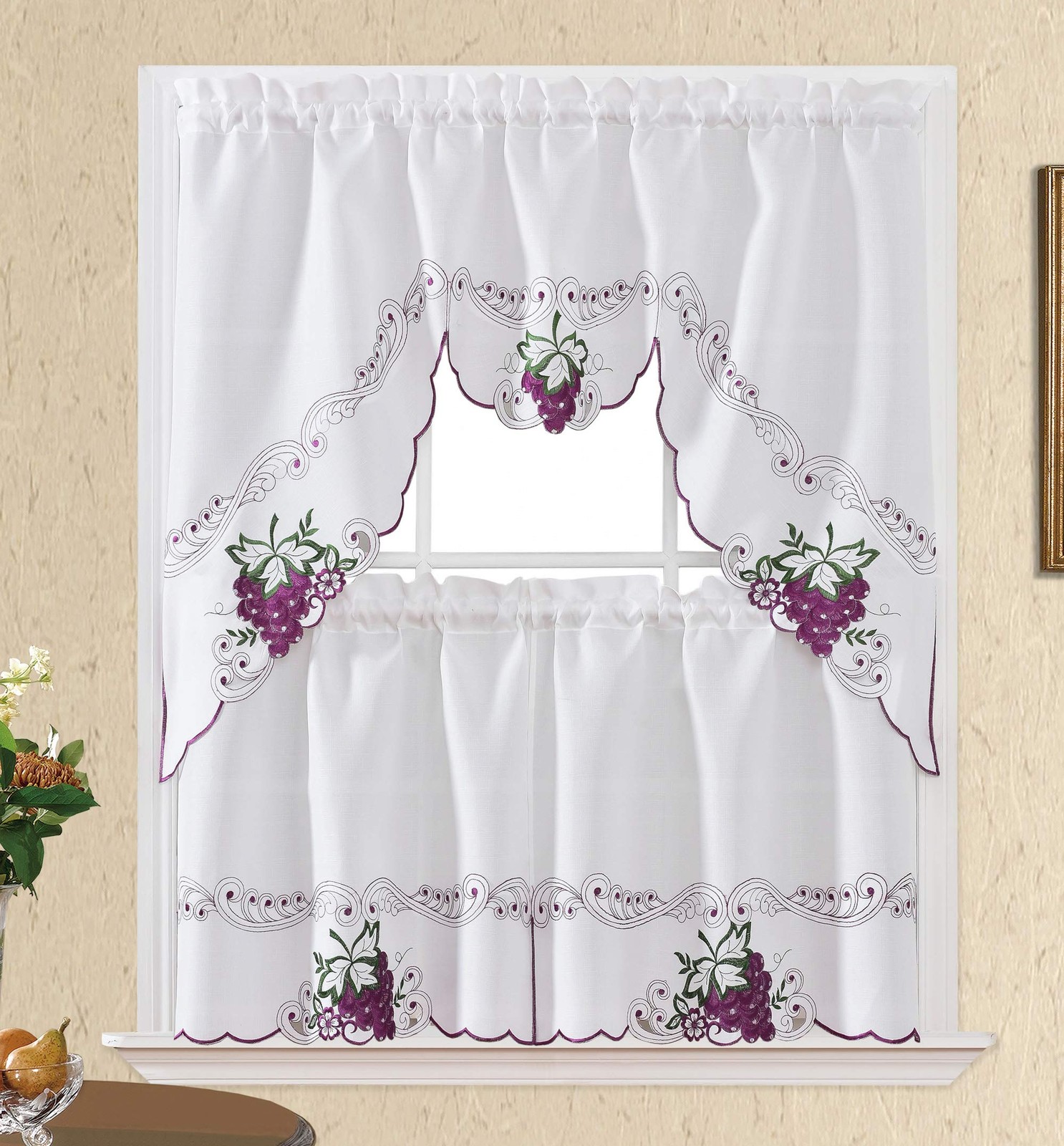 GOHD Sweet Harvest. 3pcs Kitchen Cafe Curtain Set. Nice Embroidery Fruit Desi…