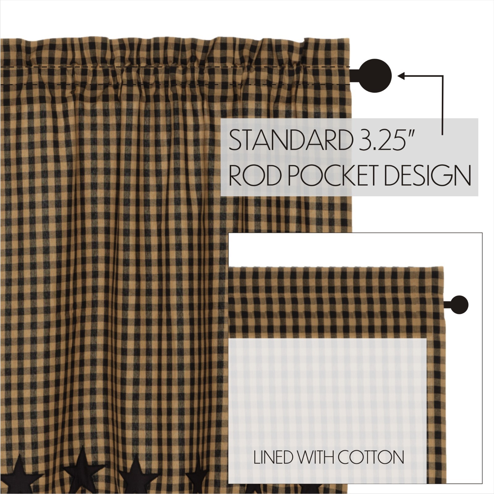 Black Star Scalloped Panel Set Country Farmhouse Check Lined 84″ VHC Khaki