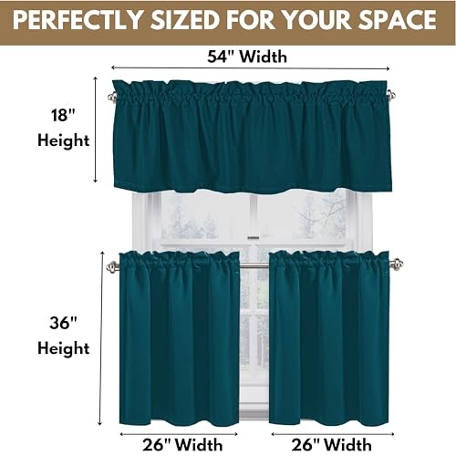 3 Piece Window Curtain Tiers 26″x36″ and Valance 26″W x 36″L (Pack of 3) Teal