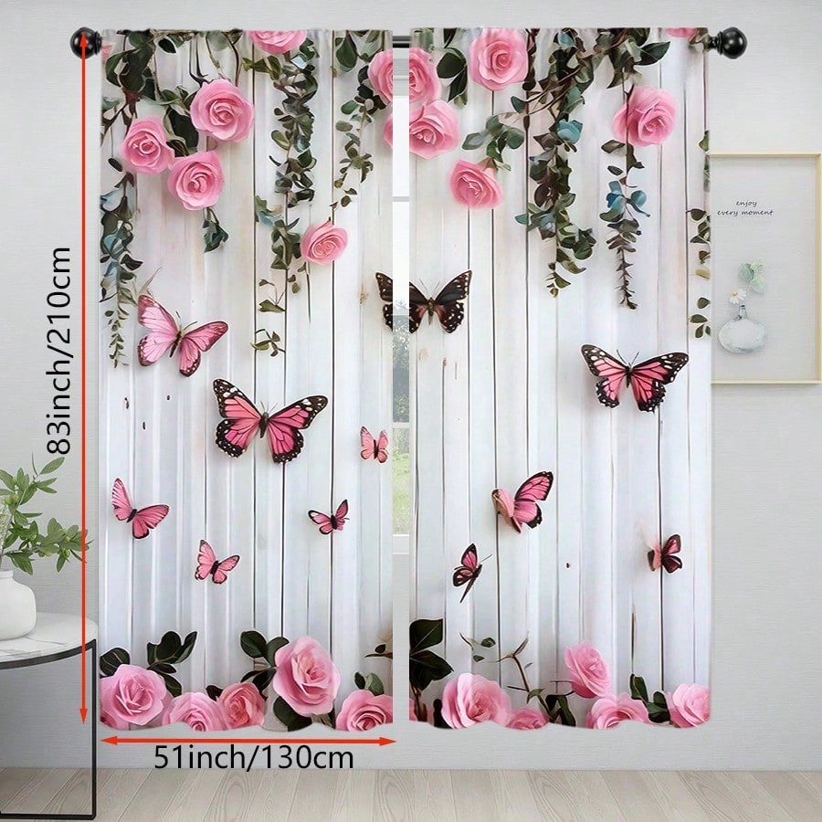 2 Pcs Pink Rose Butterfly Curtains 51″W X 83″L (130x210cm) Blackout Privacy