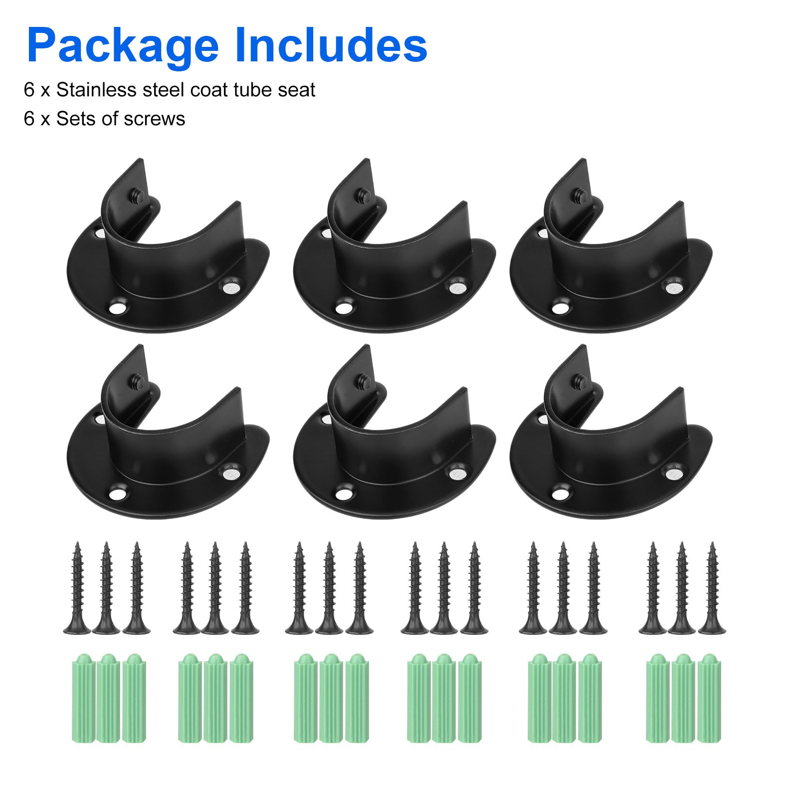 6PCS U Shape Closet Rod Bracket Set – Black Pole Holder with Screws for Wardrobe