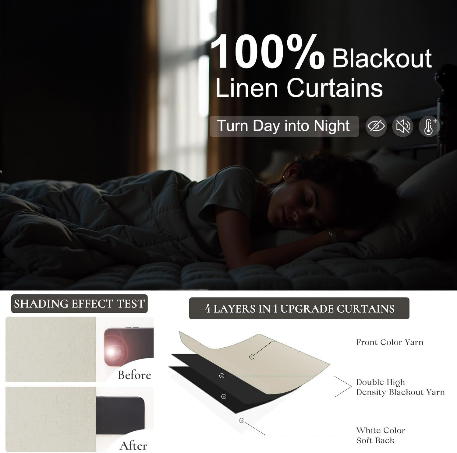 Beige Flax Linen Blackout Curtains 104″ Long, Noise Reducing, 2 Panels Set