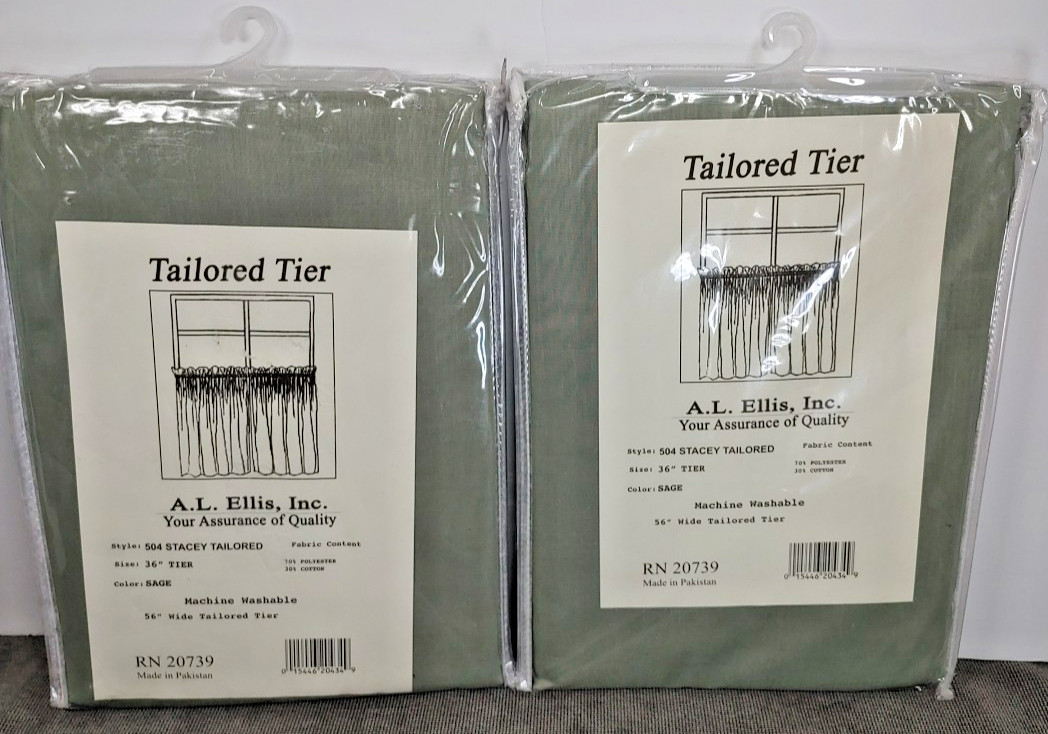 2 A.L. Ellis 36×56″ Wide Tailored Tier 504 Stacey Sage Green 20739 Poly/Cotton