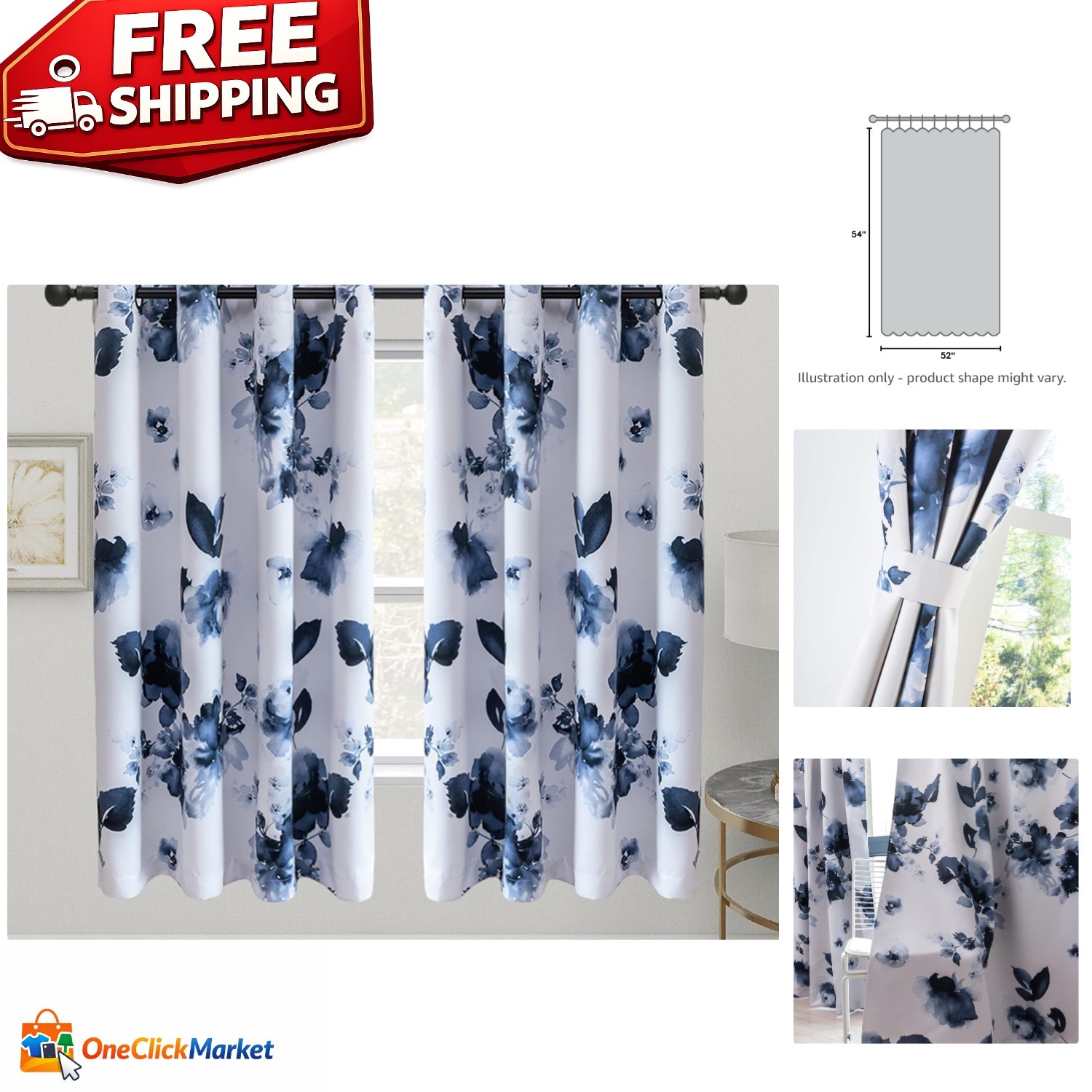 54-Inch Grommet Room Darkening Curtains – Elegant Chinese Ink Floral Design