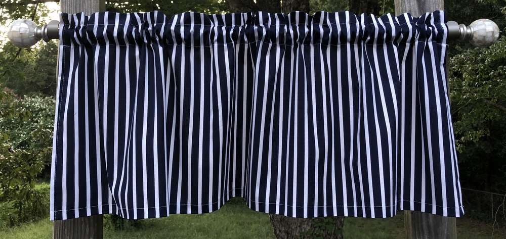 Navy Blue White Striped Valance – Diner Kitchen Bath Nautical Curtain Topper