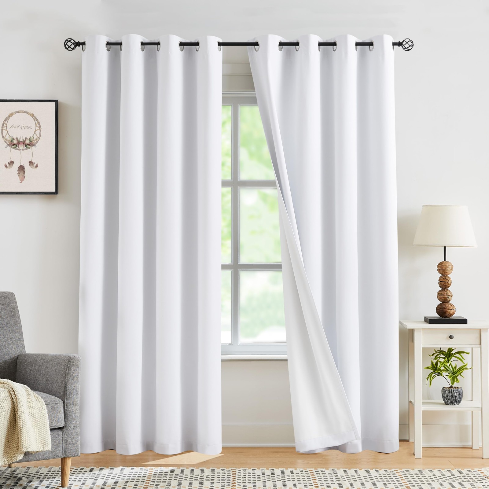 White Full Blackout Curtains Linen Coating Window Curtains Room Darkening The…