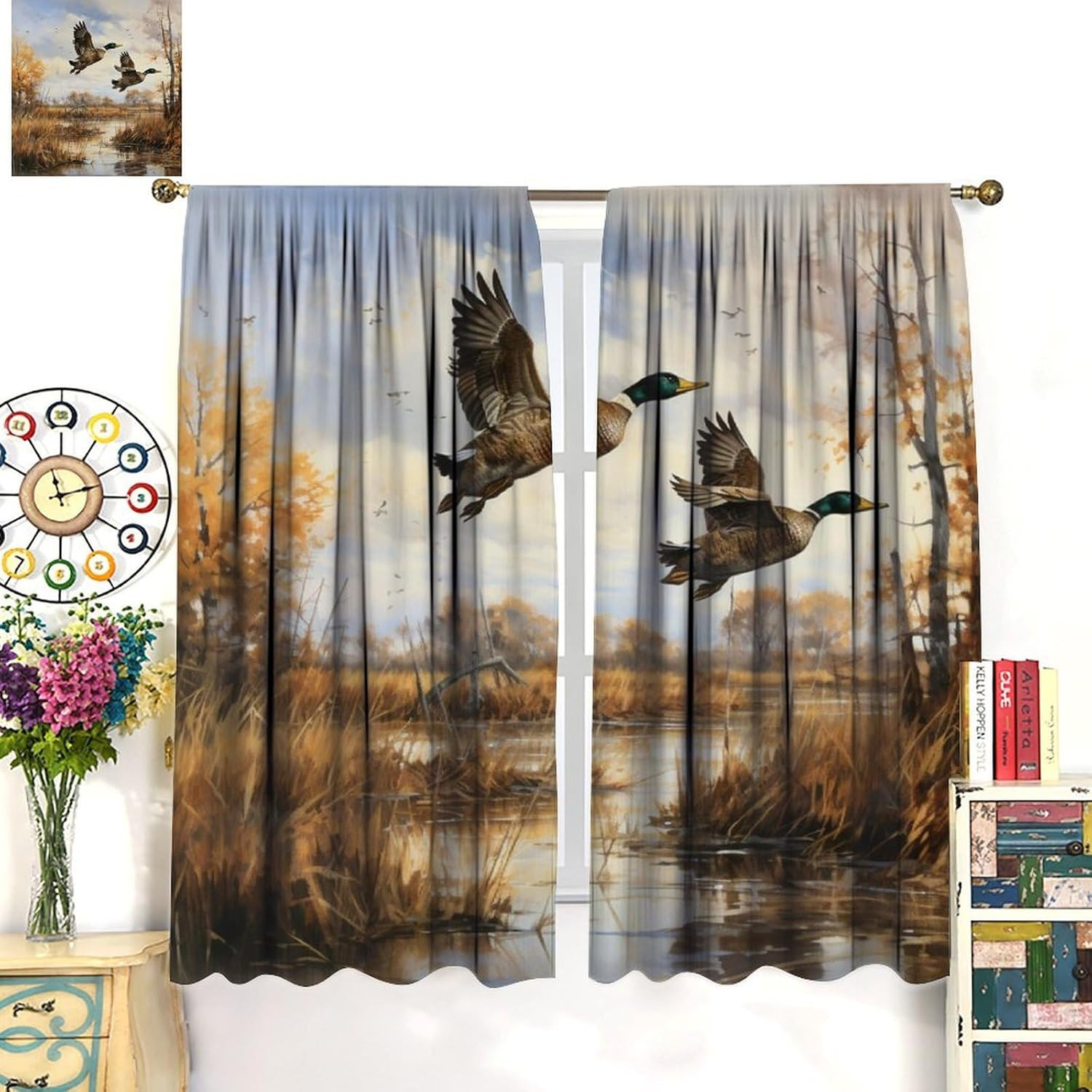 Vintage Mallard Duck Curtains for Bedroom,Country Nature Rustic Oil Painting Fal