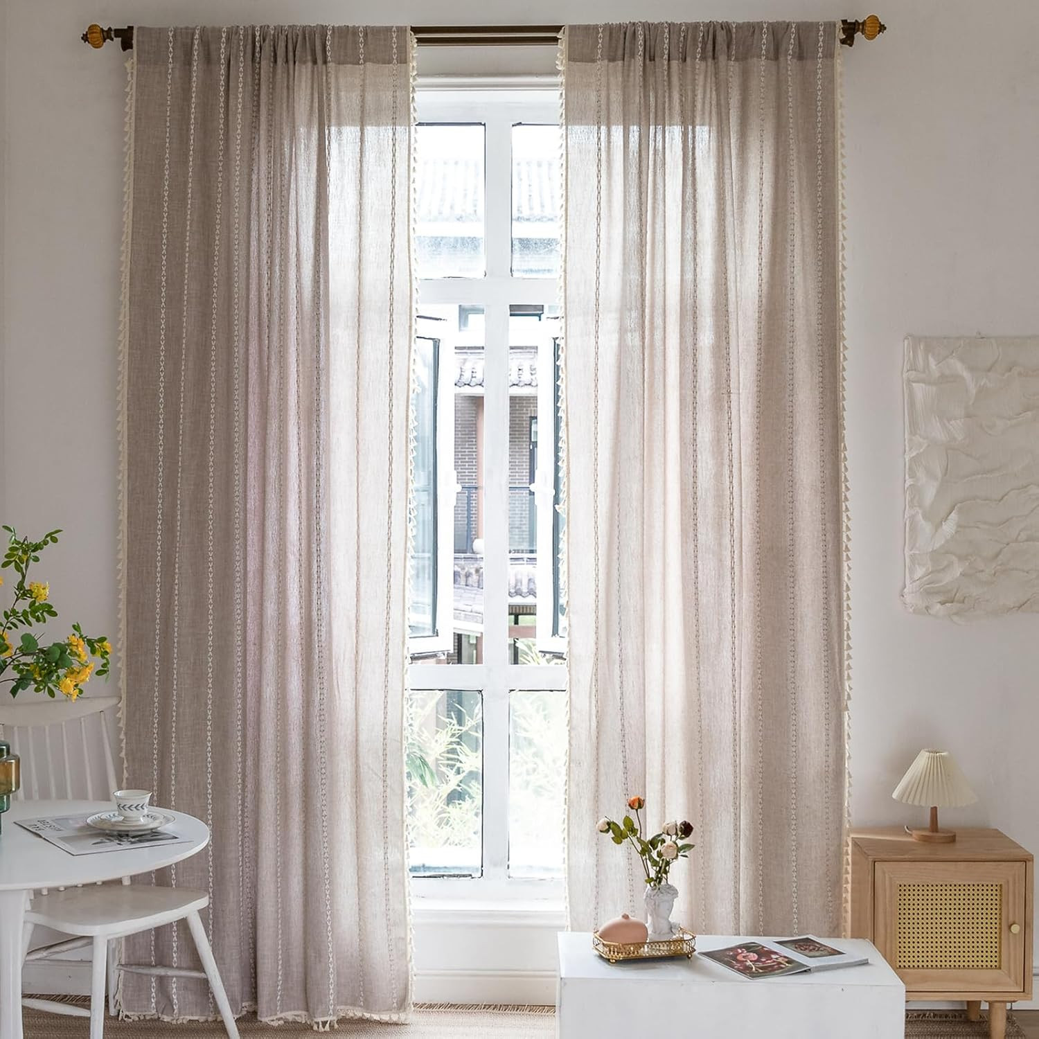 Boho Farmhouse Curtains 96″ Tan Rustic Cotton Polyester Tassel Draperies