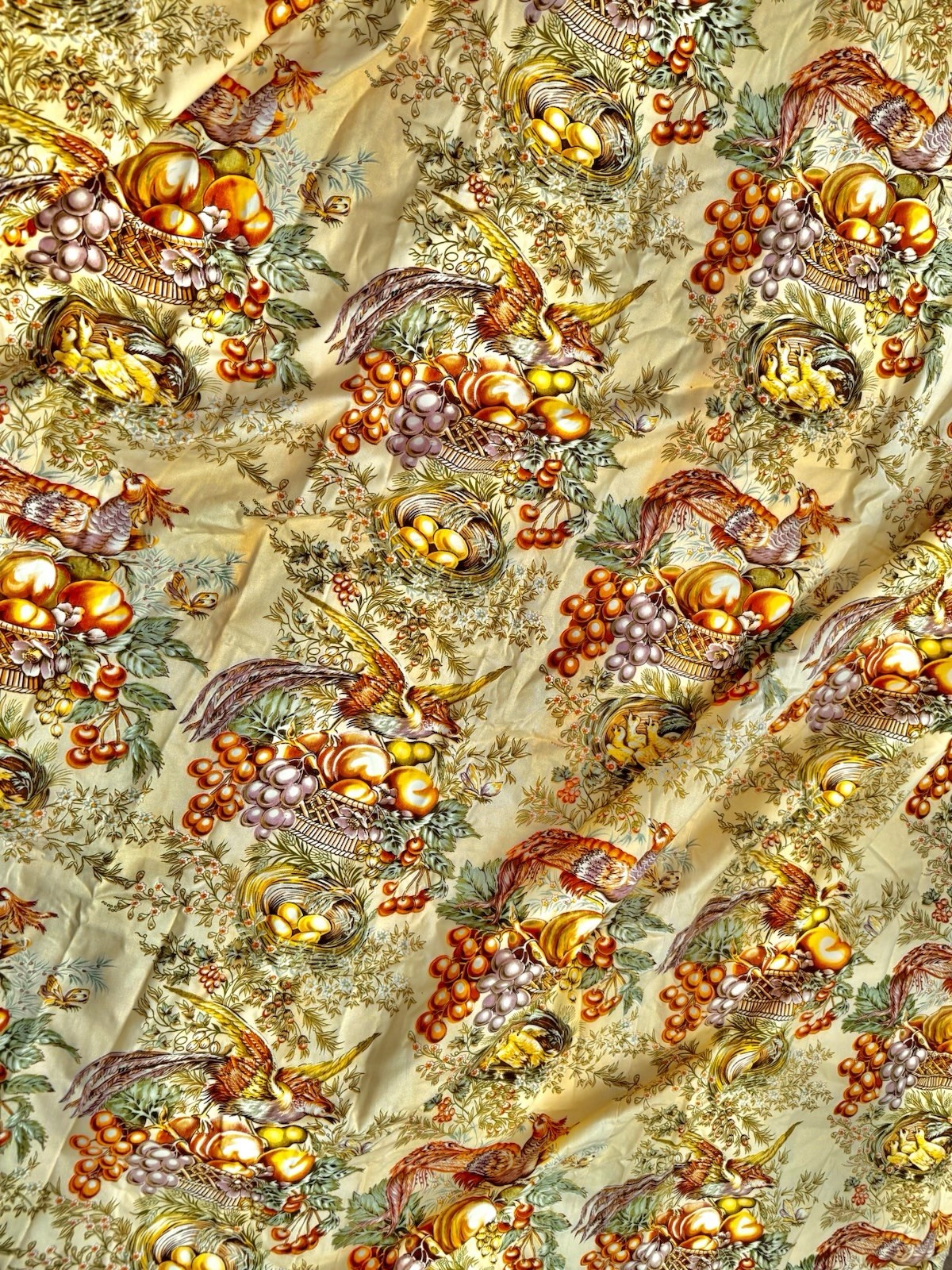 VTG French Country Pheasant Bird Fruit Fabric Drapery 2 Panels w 2 Tiebacks SET