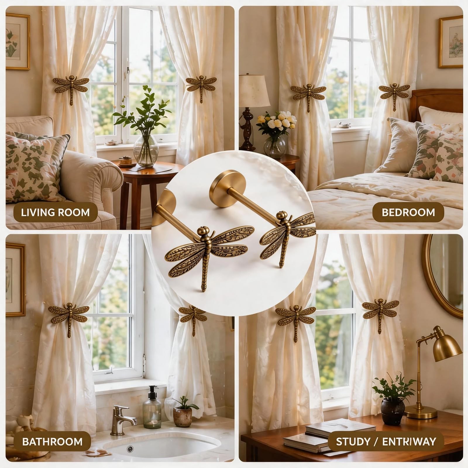 2 Pack Brass Dragonfly Curtain Holdbacks, Decorative Curtain Tiebacks Wall Mo…